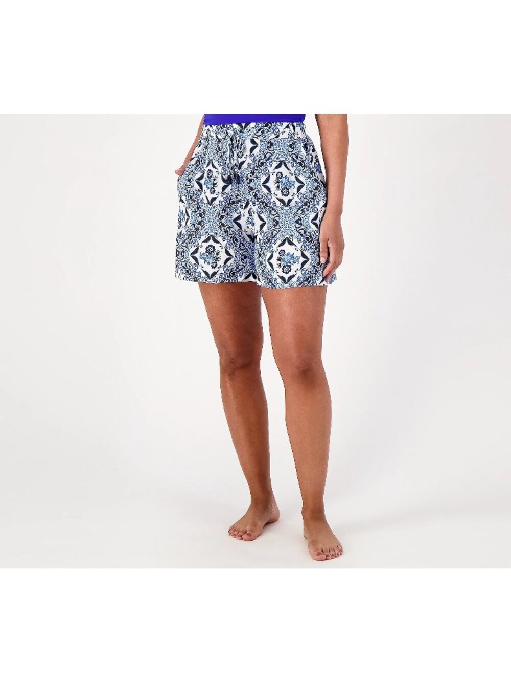 Jantzen Cover Up Shorts Medium Woven Pull On Tie Waist Blue Ceramic Beach NEW